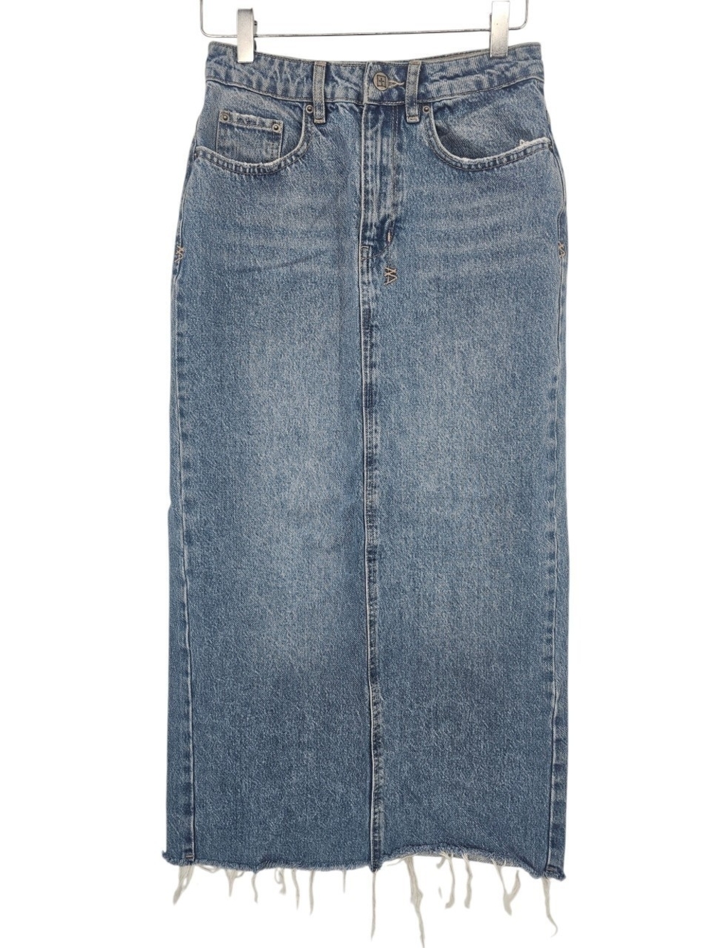 Ksubi Denim Maxi Skirt Size 26 Raw Hem Distressed Blue Y2K